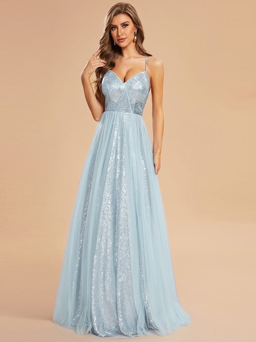 V Neck Light Blue Chiffon Long Prom Dresses with Slit, V Neck Light Bl –  Shiny Party