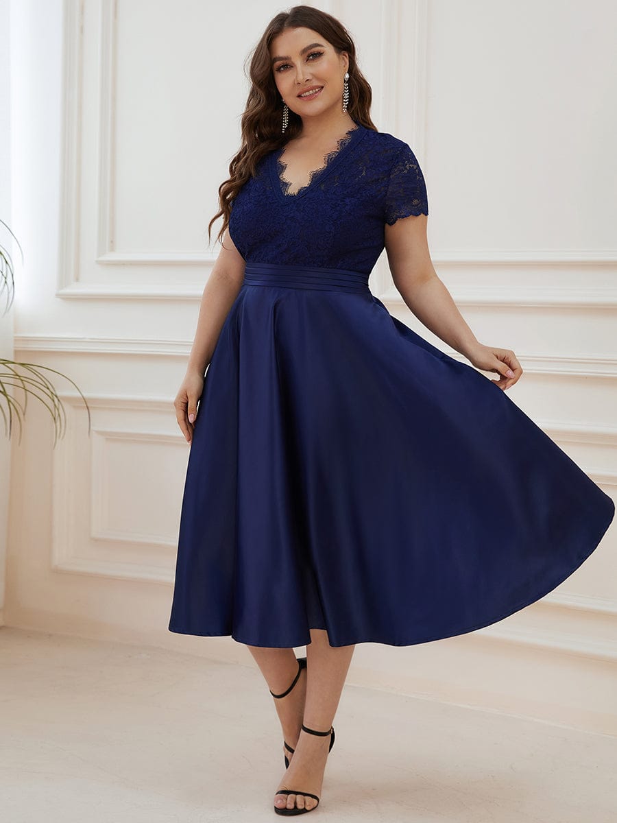 Plus Size Women Spring Empire Waist Midi Cocktail Dress Holiday Dress with  Pocket Short Sleeve, 1- Navy Blue, 14 Plus : : Clothing, Shoes &  Accessories