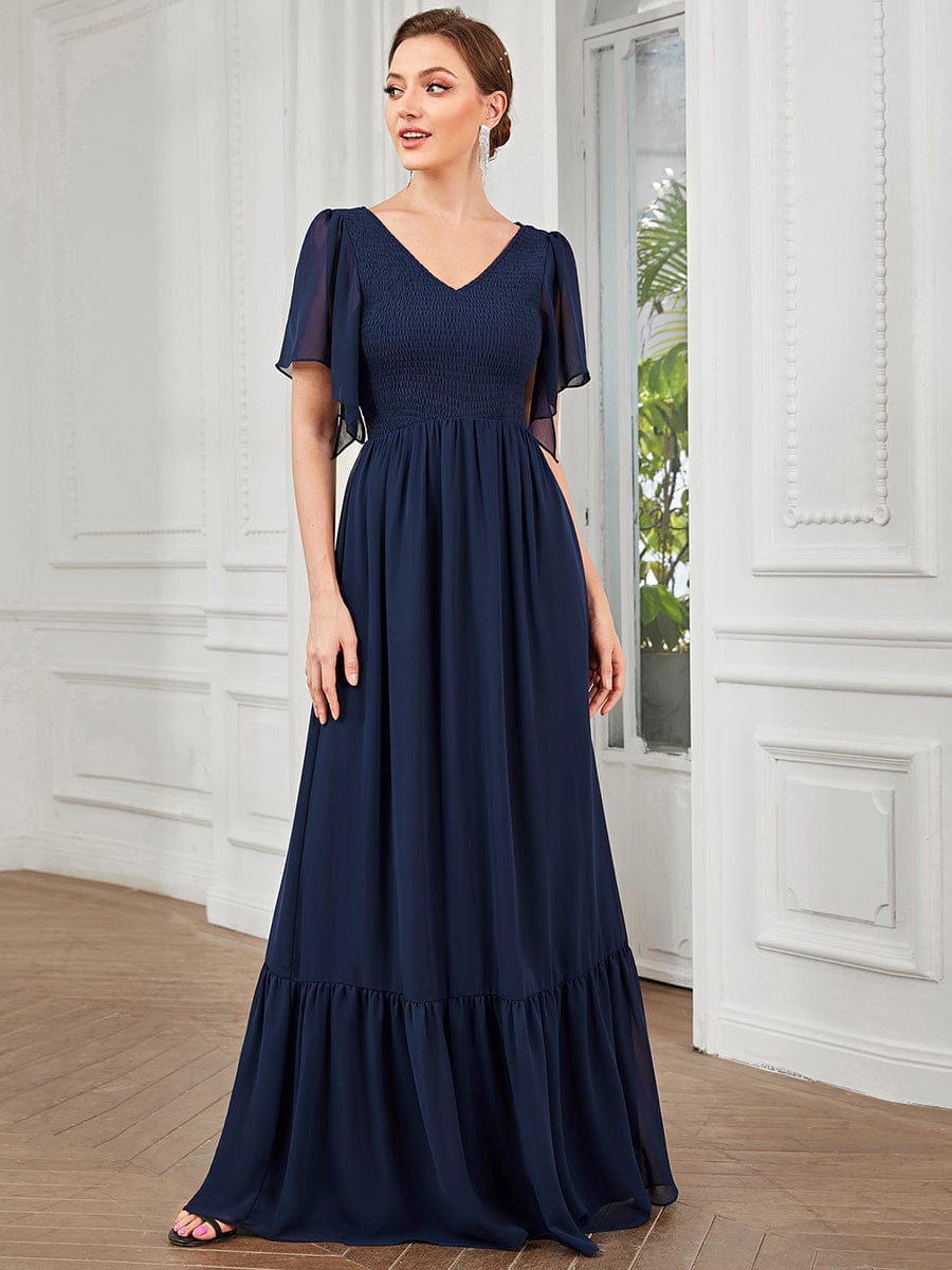 Chiffon Illusion V-Neck Flutter Sleeve Front Slit Evening Dress