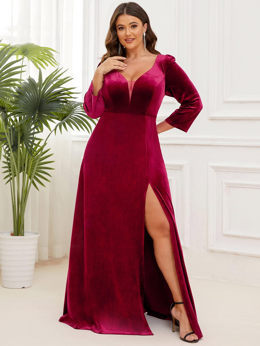 Long Sleeve Maxi Velvet Column Regular Burgundy Evening Dress
