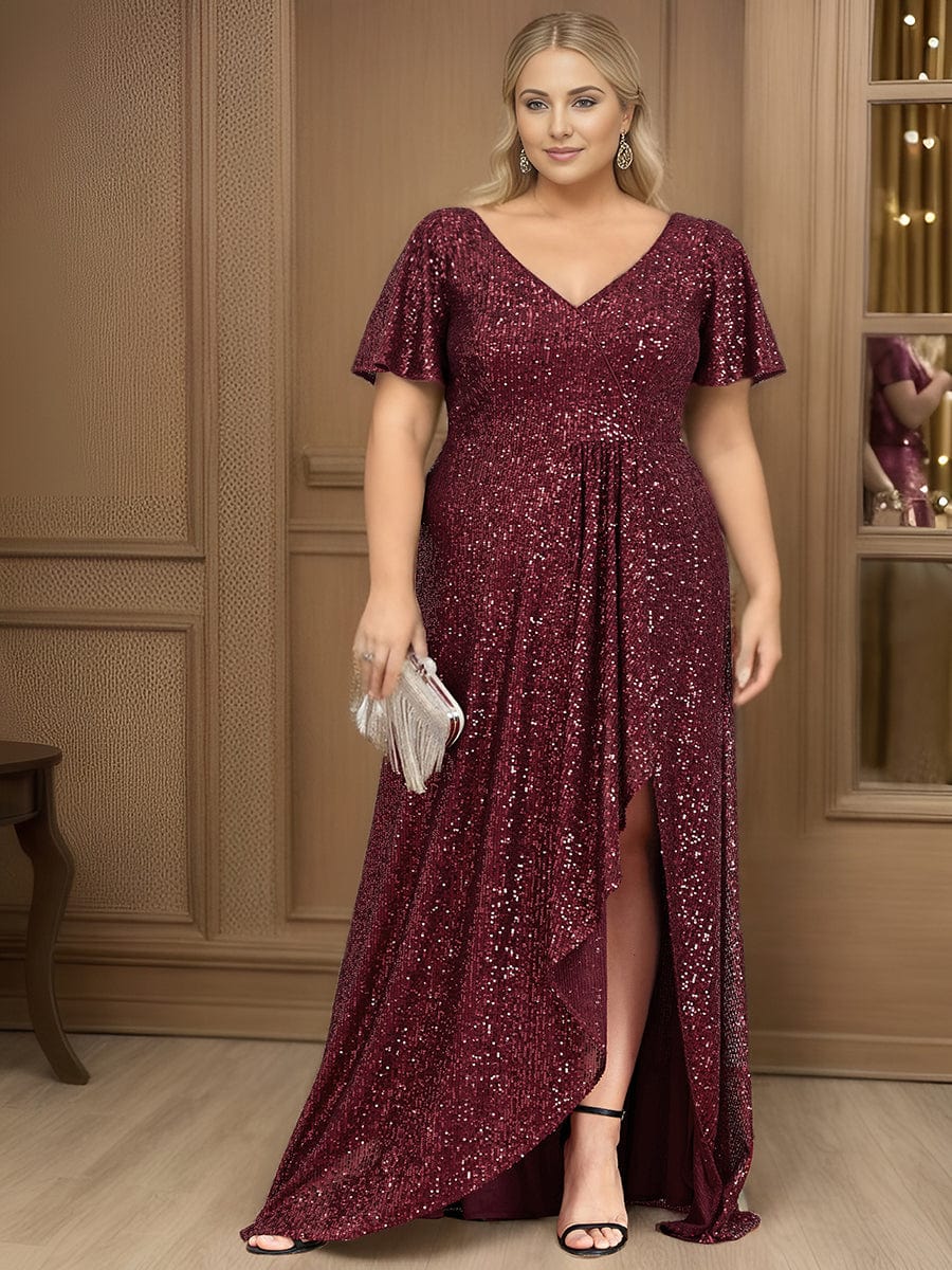 Final Sale Plus Size Sequin Bodycon Dress with Ruched Center & Ruffle