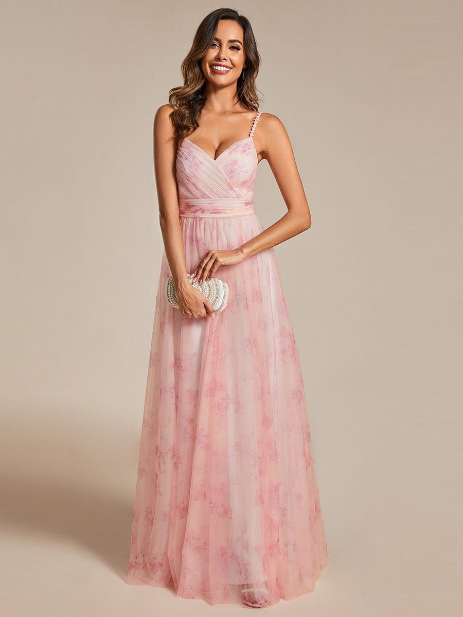 Pink Floral Print Strapless Prom Dresses