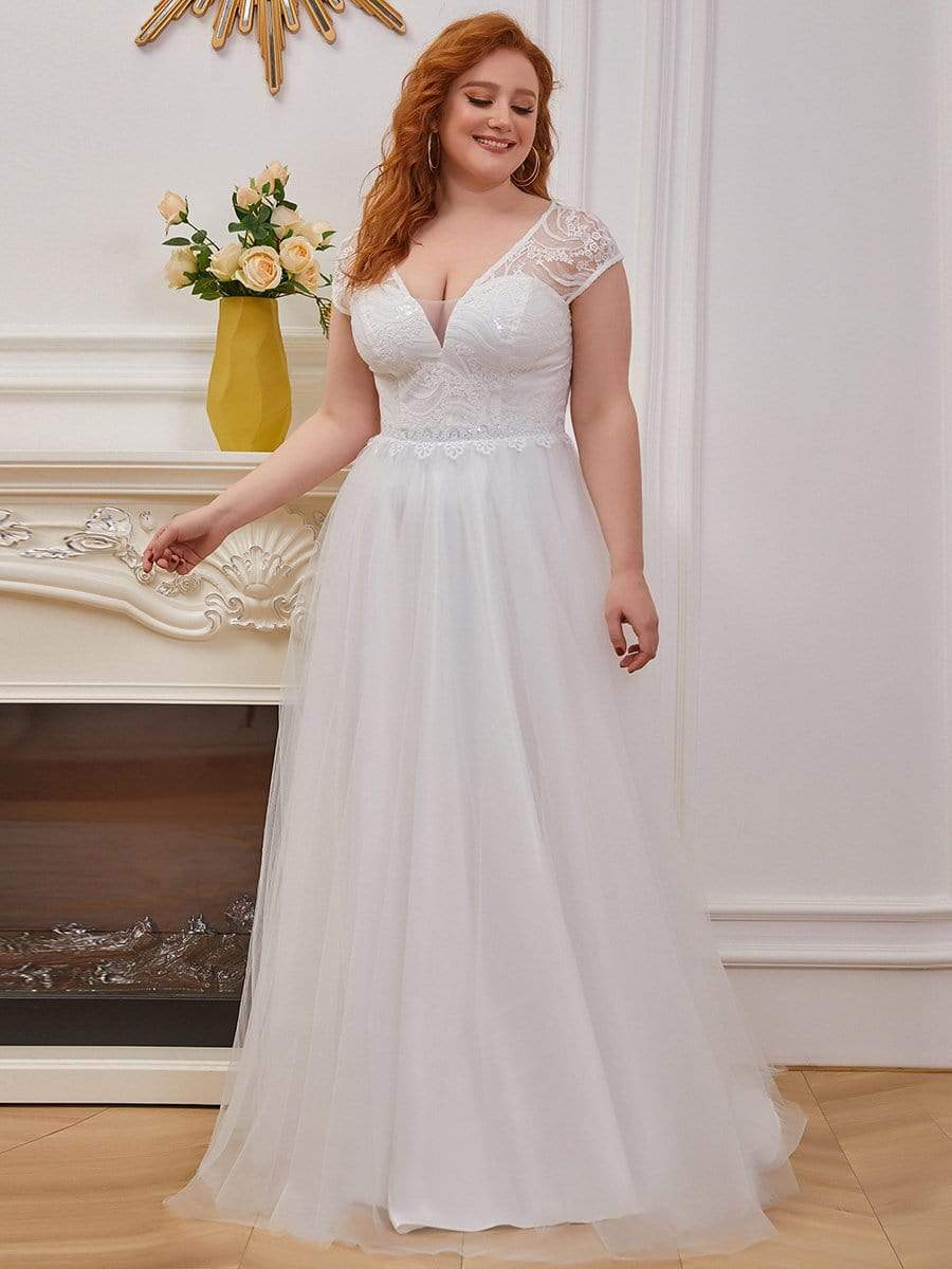 Plus Size Wedding Dresses White Lace Appliques Short Sleeve Bridal Wedding  Gowns