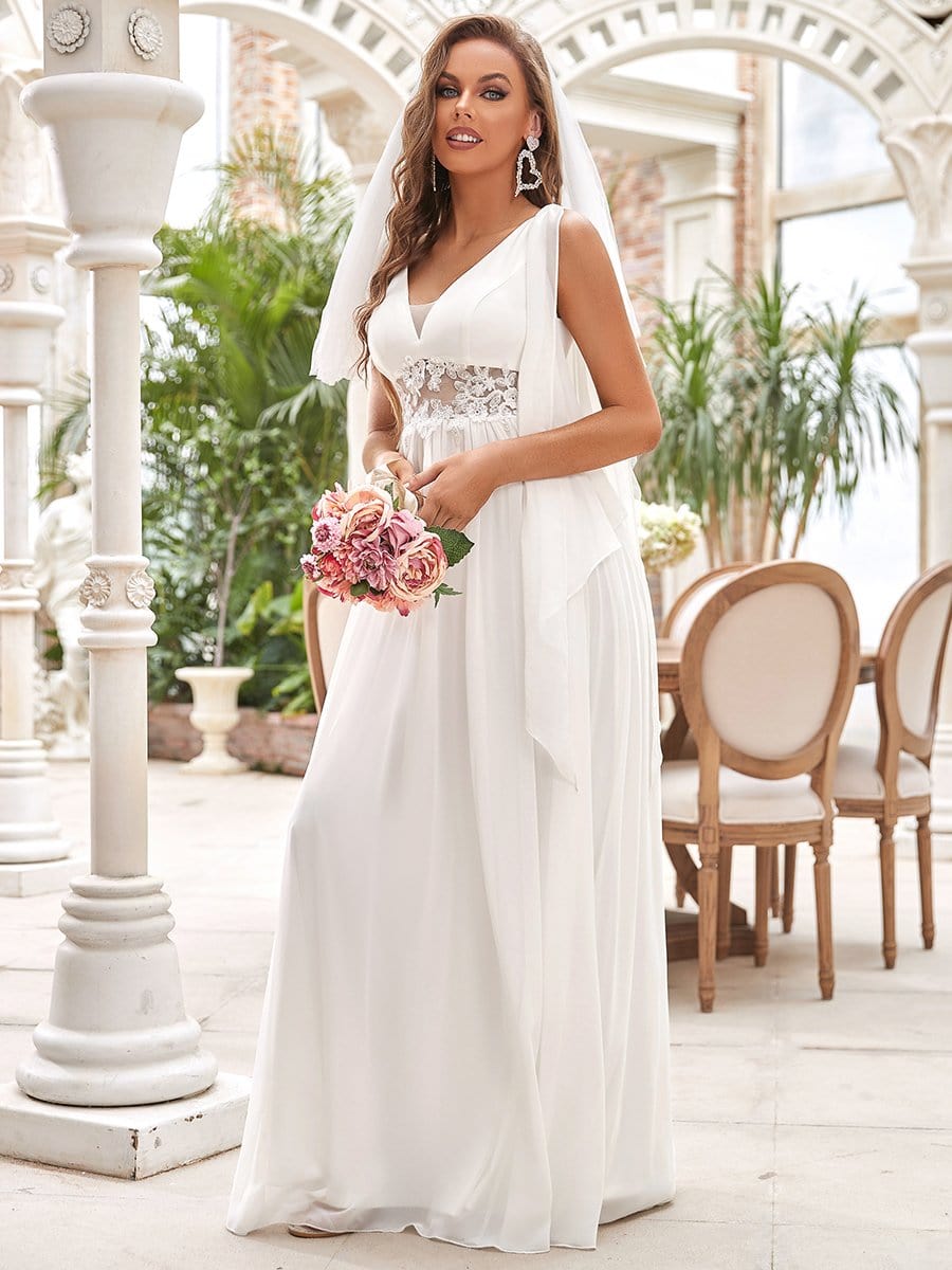 Sleeveless V-neck Embroidered Lace Wedding Dress With Illusion