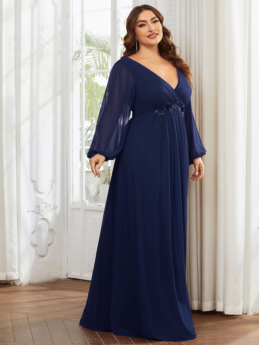 Plus Size V Neck Formal Evening Dress With Sleeves - Ever-Pretty US