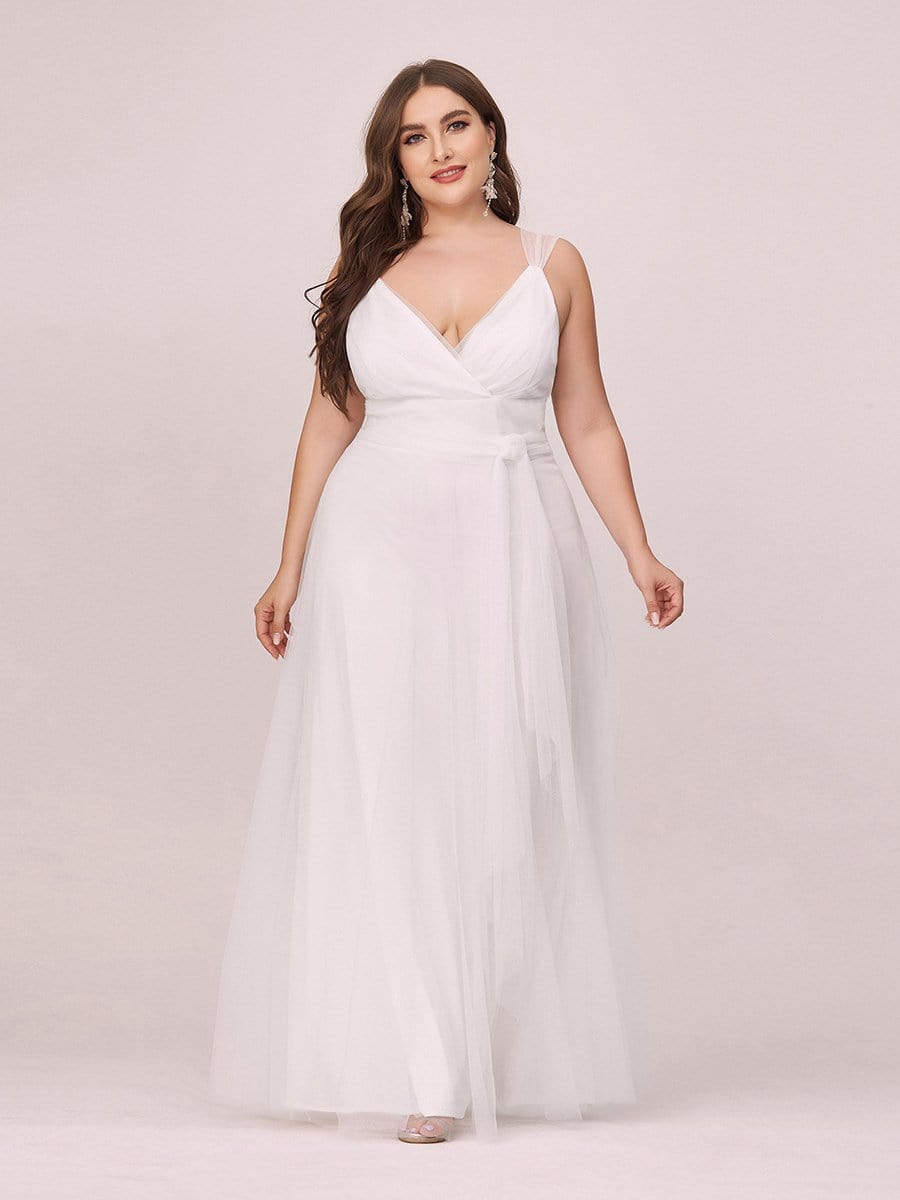 Plus Size Double V Neck Simple Tulle Wedding Dress - Ever-Pretty US