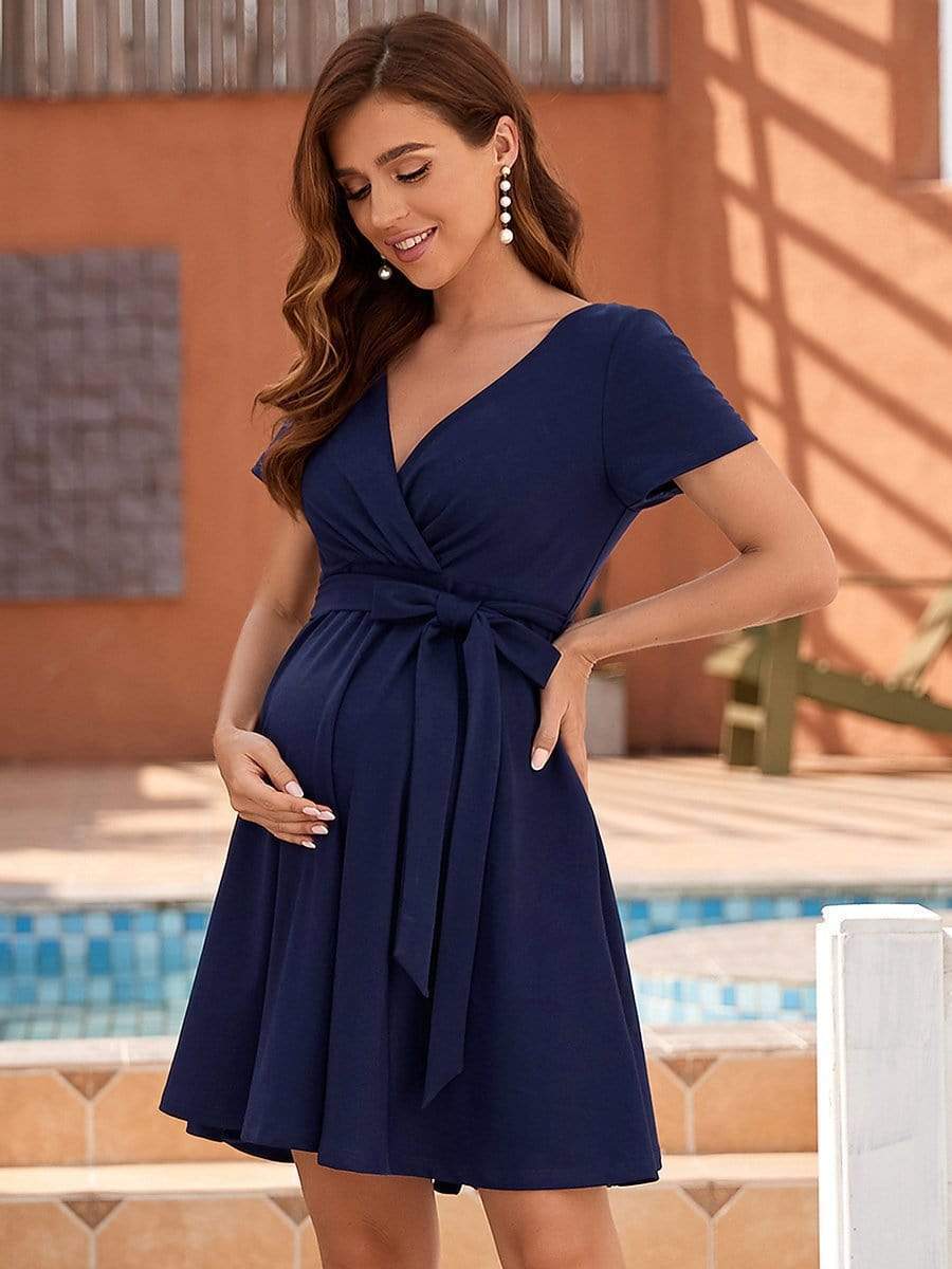 Sky Blue Formal Maternity & Nursing Dress with Neckline Tie