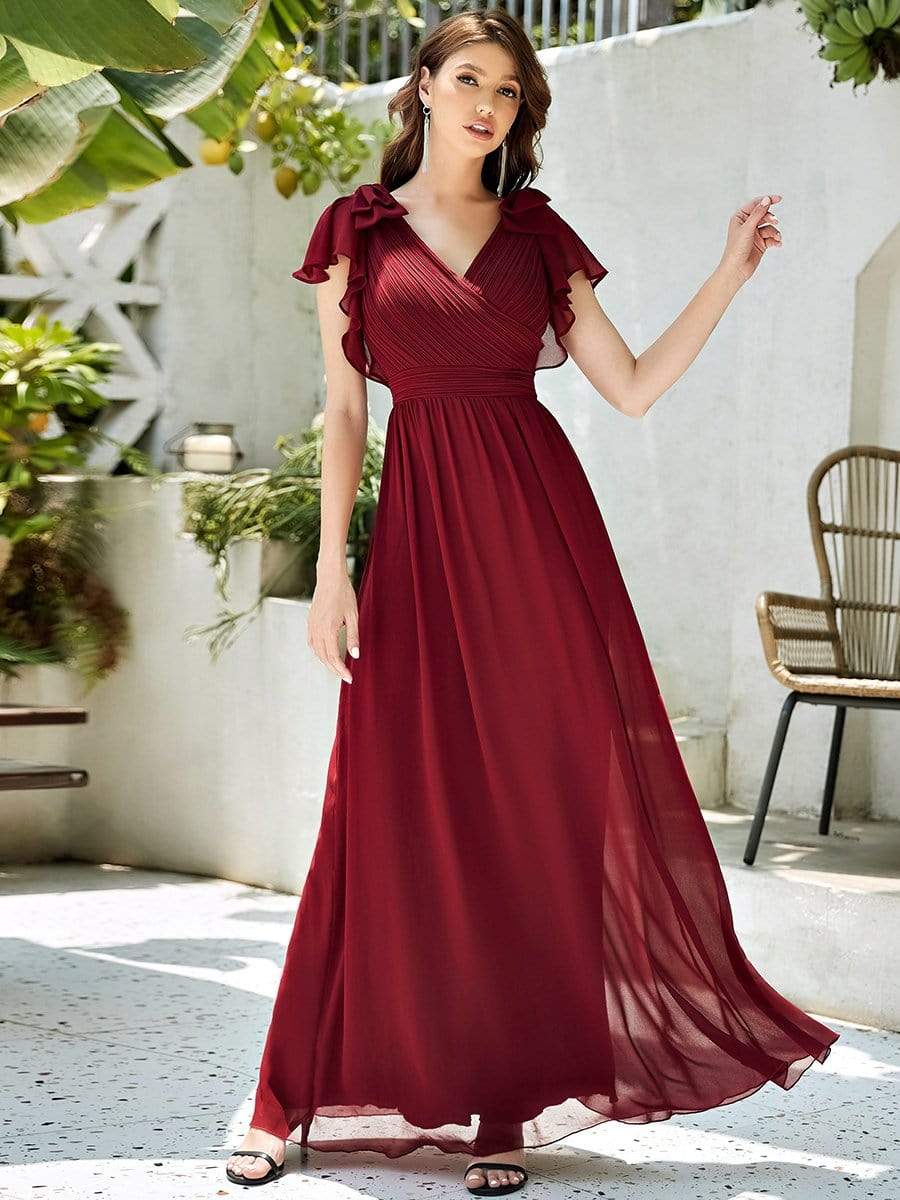 Pleated Bodice Long Chiffon Evening Dress with Ruffle Sleeves - Ever-Pretty  US