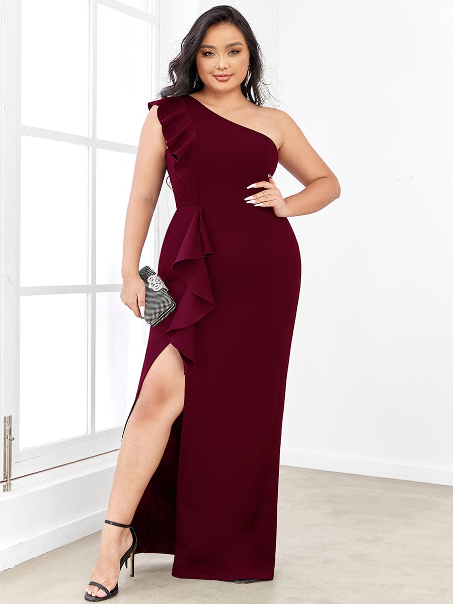 Ruffled One Shoulder Bodycon High Slit Formal Dress #color_Burgundy