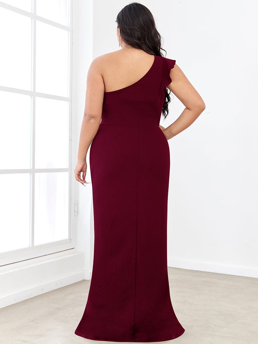 Ruffled One Shoulder Bodycon High Slit Formal Dress #color_Burgundy