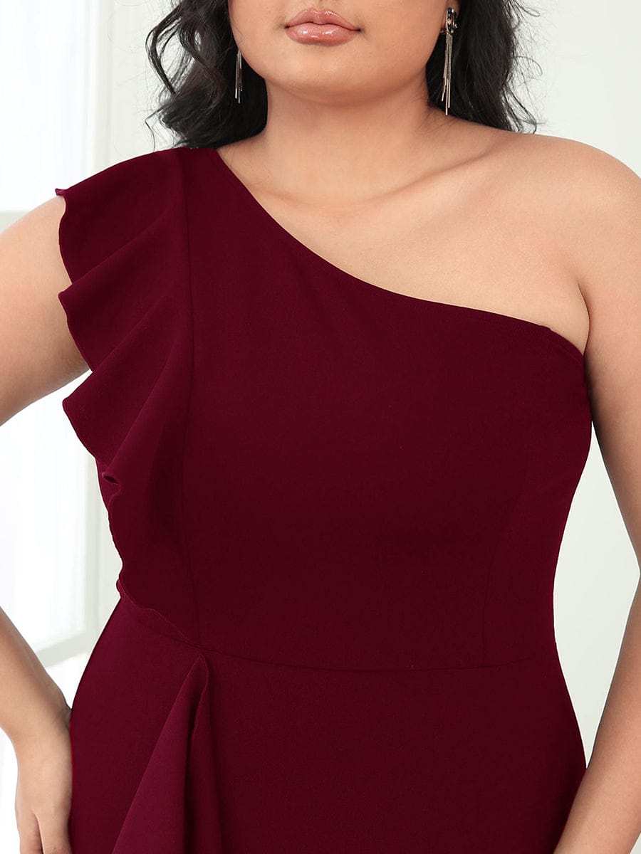 Ruffled One Shoulder Bodycon High Slit Formal Dress #color_Burgundy