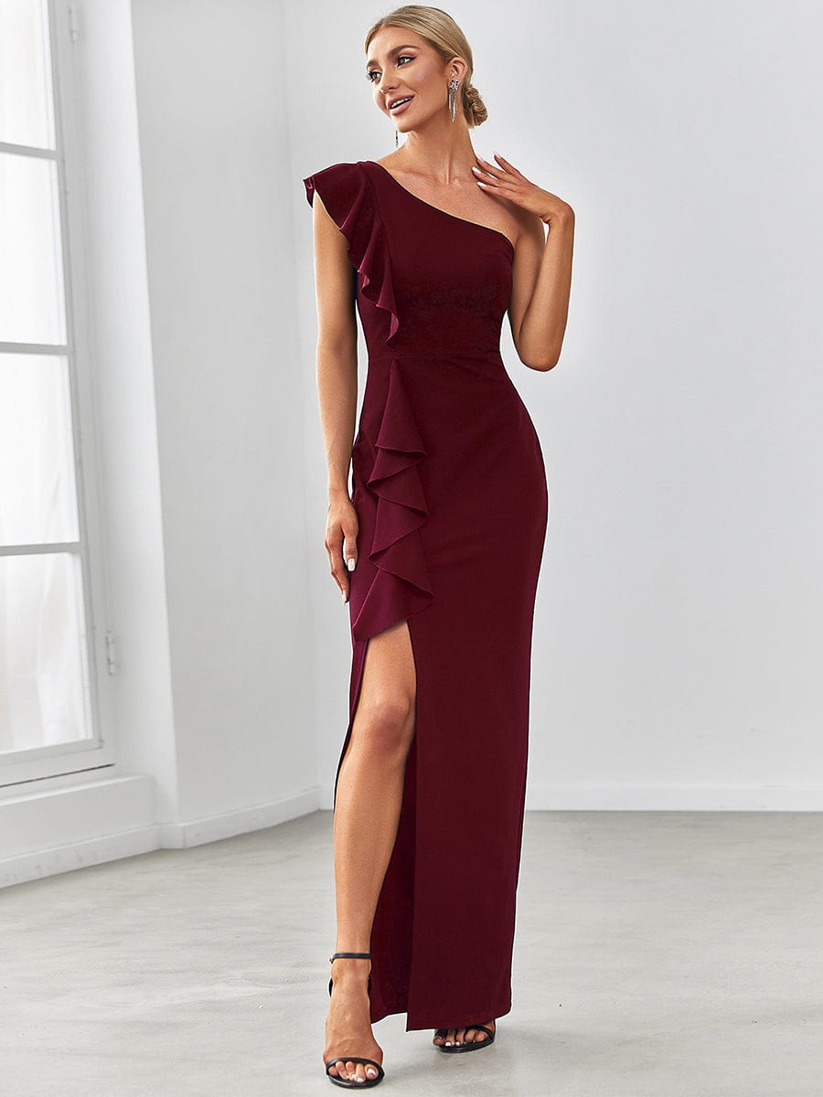 Ruffled One Shoulder Bodycon High Slit Formal Dress #color_Burgundy