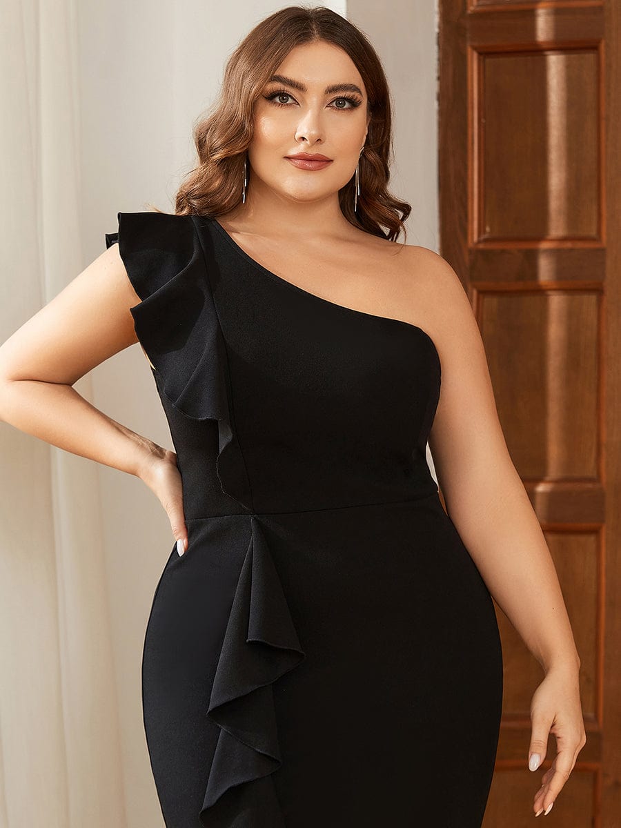 Ruffled One Shoulder Bodycon High Slit Formal Dress #color_Black