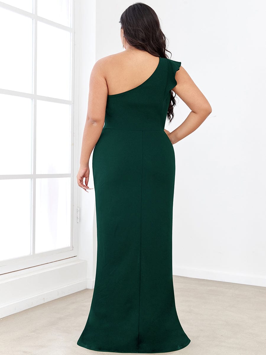 Ruffled One Shoulder Bodycon High Slit Formal Dress #color_Dark Green