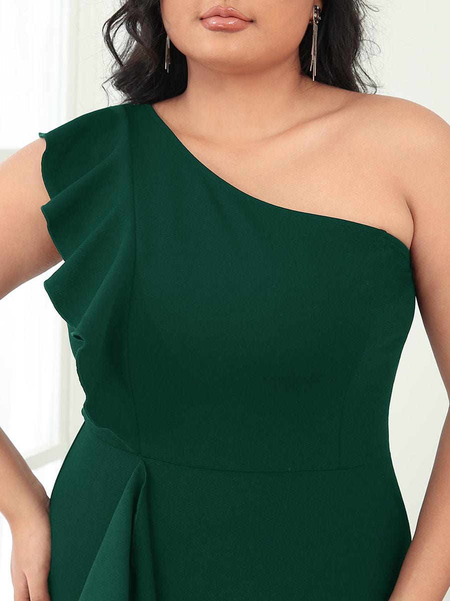 Ruffled One Shoulder Bodycon High Slit Formal Dress #color_Dark Green