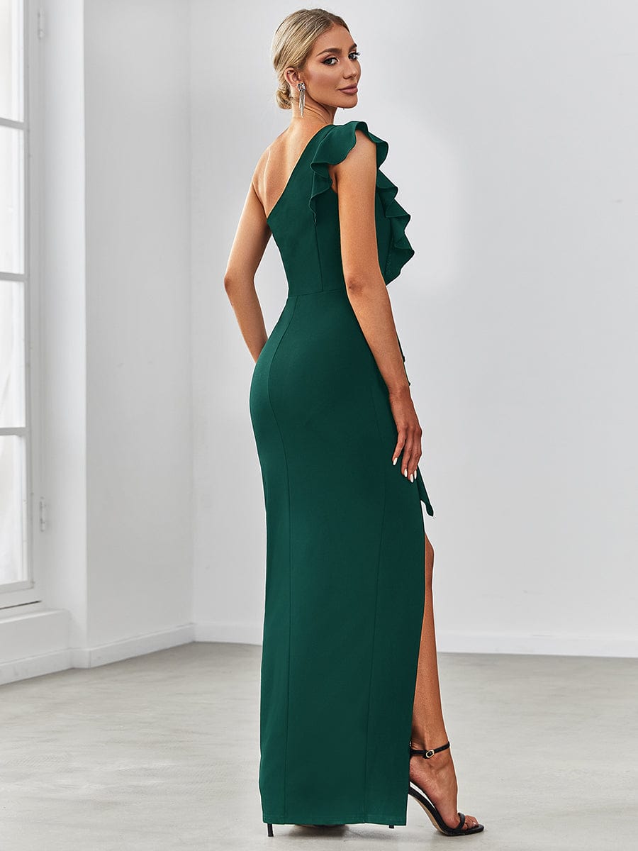 Ruffled One Shoulder Bodycon High Slit Formal Dress #color_Dark Green