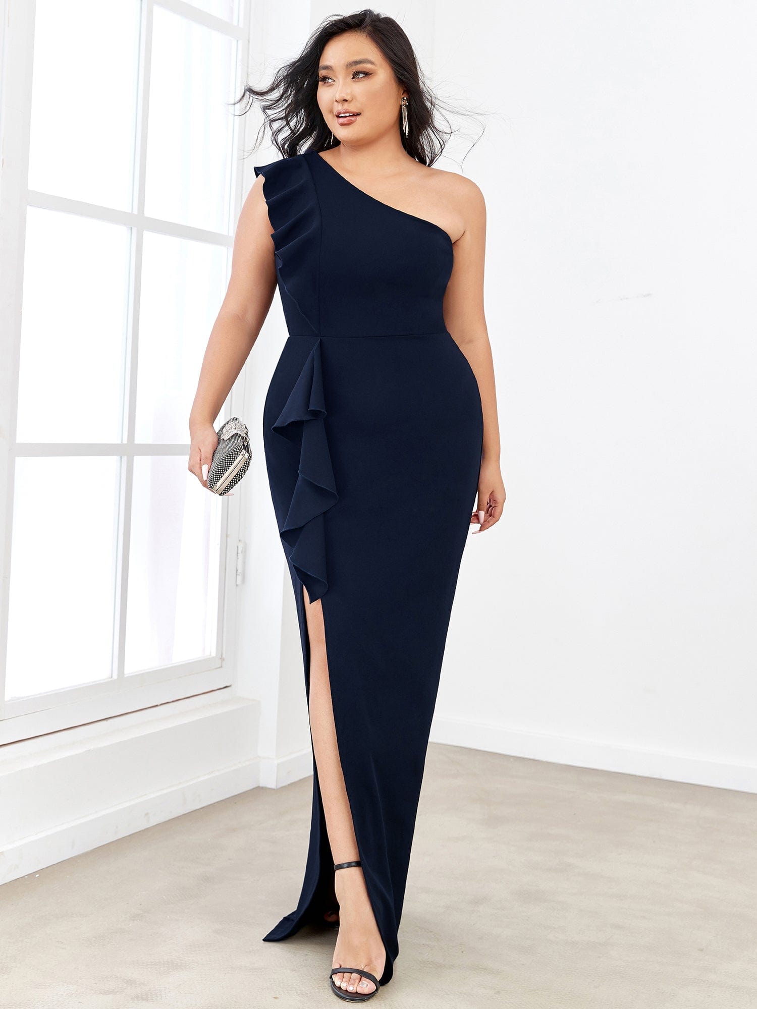 Ruffled One Shoulder Bodycon High Slit Formal Dress #color_Navy Blue