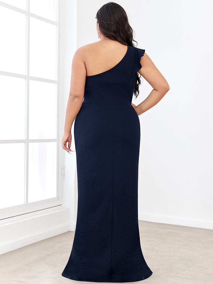 Ruffled One Shoulder Bodycon High Slit Formal Dress #color_Navy Blue