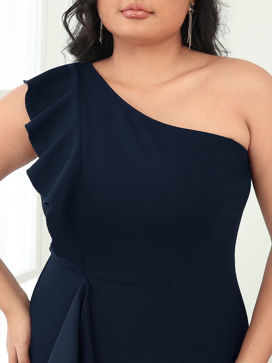 Ruffled One Shoulder Bodycon High Slit Formal Dress #color_Navy Blue