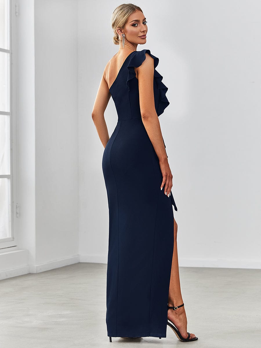 Ruffled One Shoulder Bodycon High Slit Formal Dress #color_Navy Blue