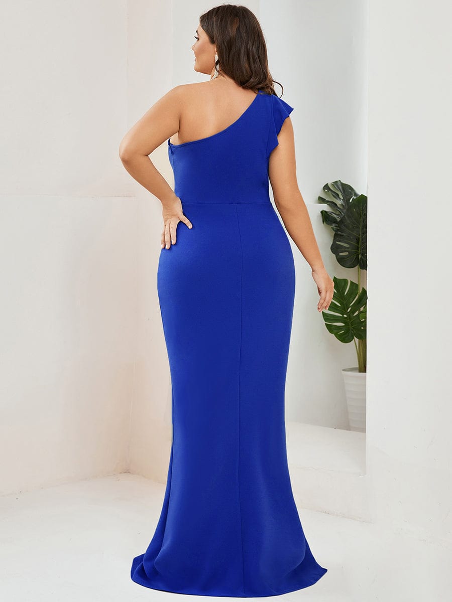 Ruffled One Shoulder Bodycon High Slit Formal Dress #color_Sapphire Blue