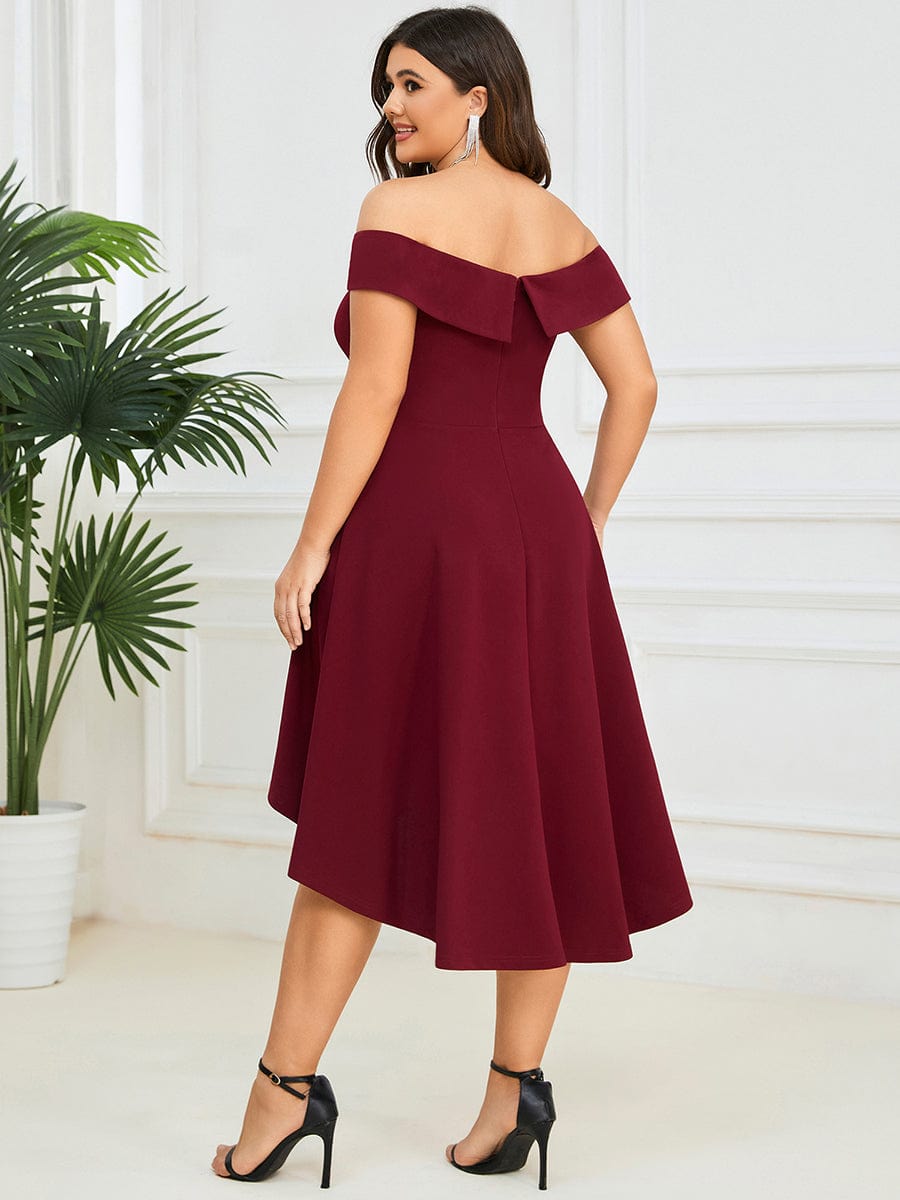 Chic Off Shoulder Midi Length A-Line Formal Dress #color_Burgundy