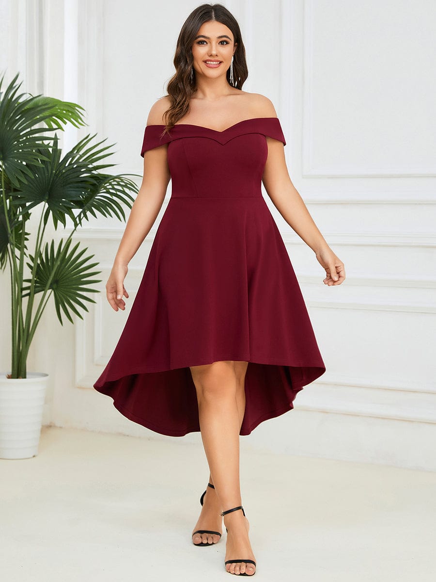 Chic Off Shoulder Midi Length A-Line Formal Dress #color_Burgundy