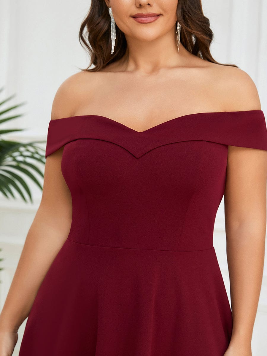 Chic Off Shoulder Midi Length A-Line Formal Dress #color_Burgundy