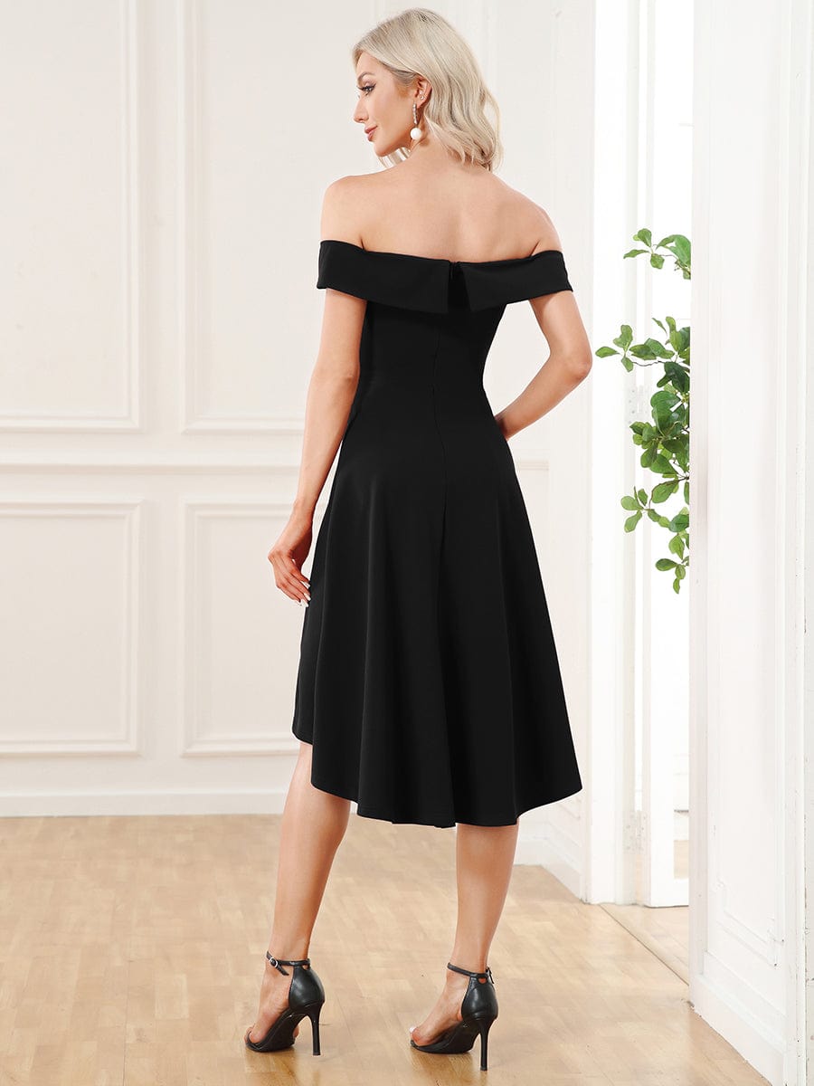 Chic Off Shoulder Midi Length A-Line Formal Dress #color_Black