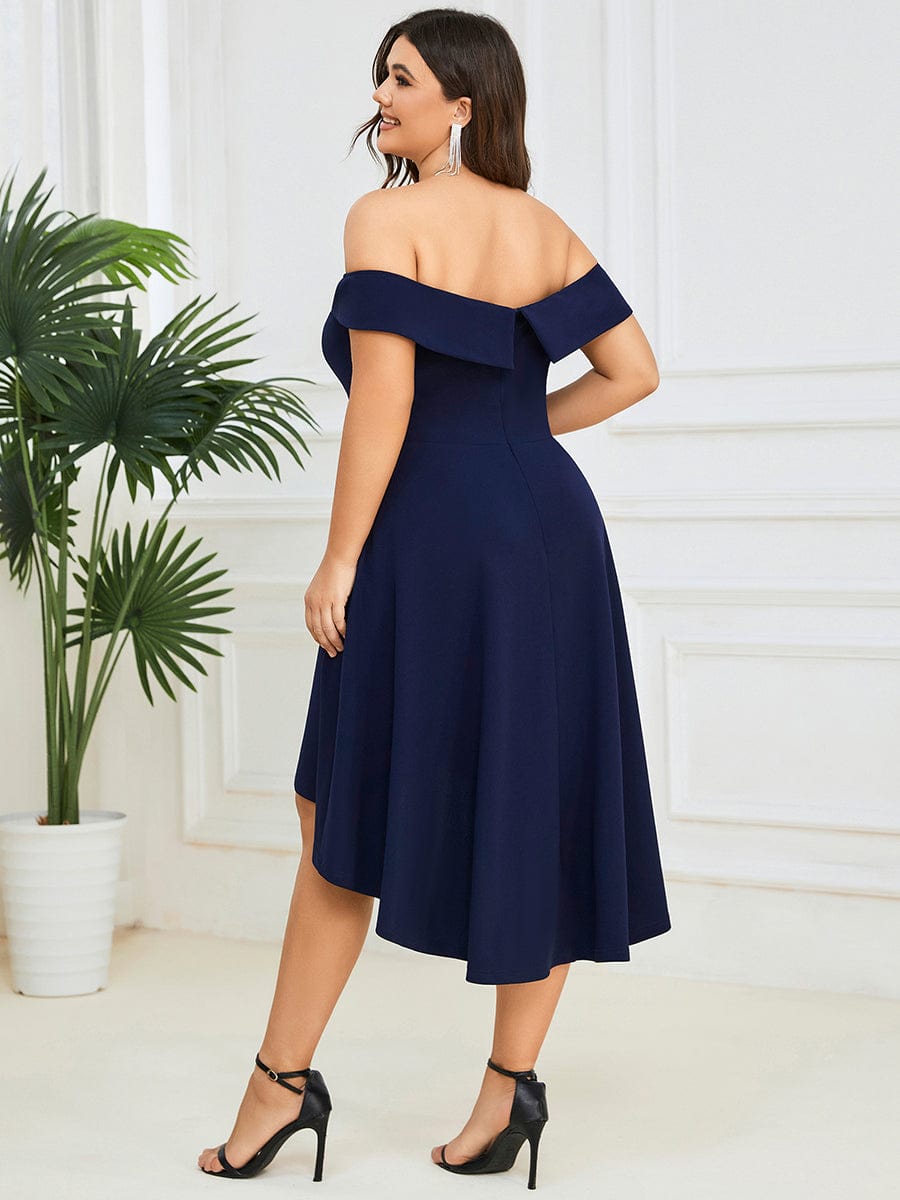 Chic Off Shoulder Midi Length A-Line Formal Dress #color_Navy Blue