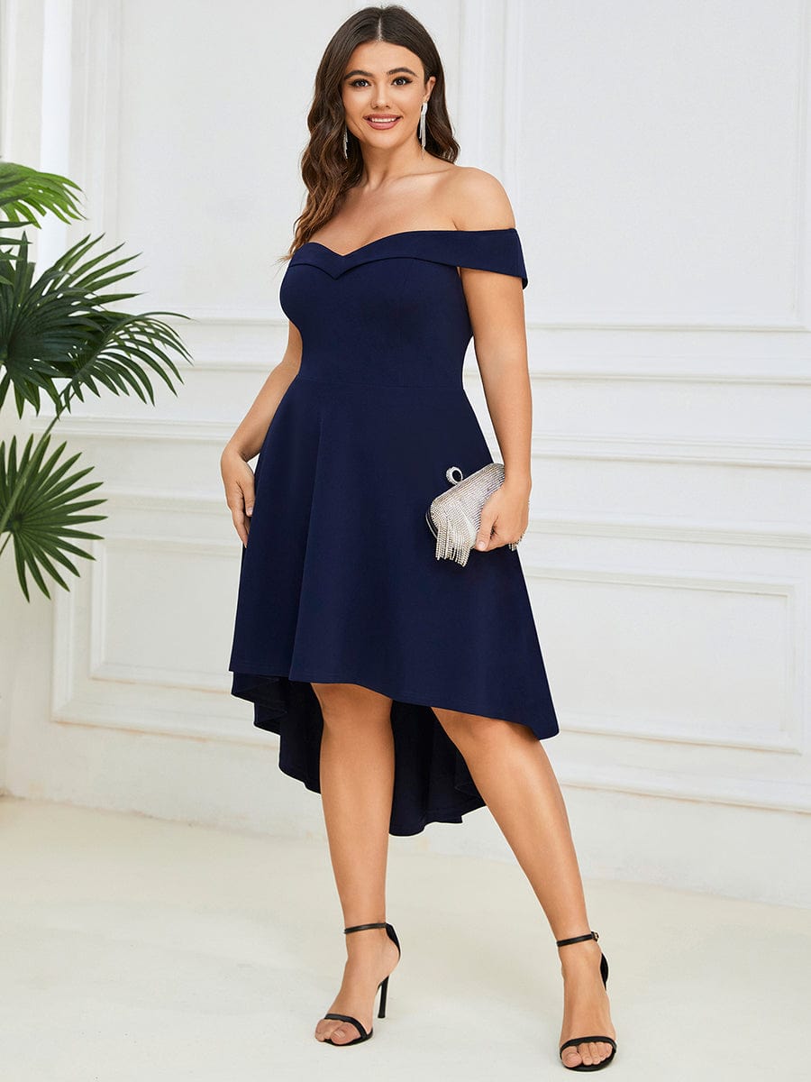 Chic Off Shoulder Midi Length A-Line Formal Dress #color_Navy Blue