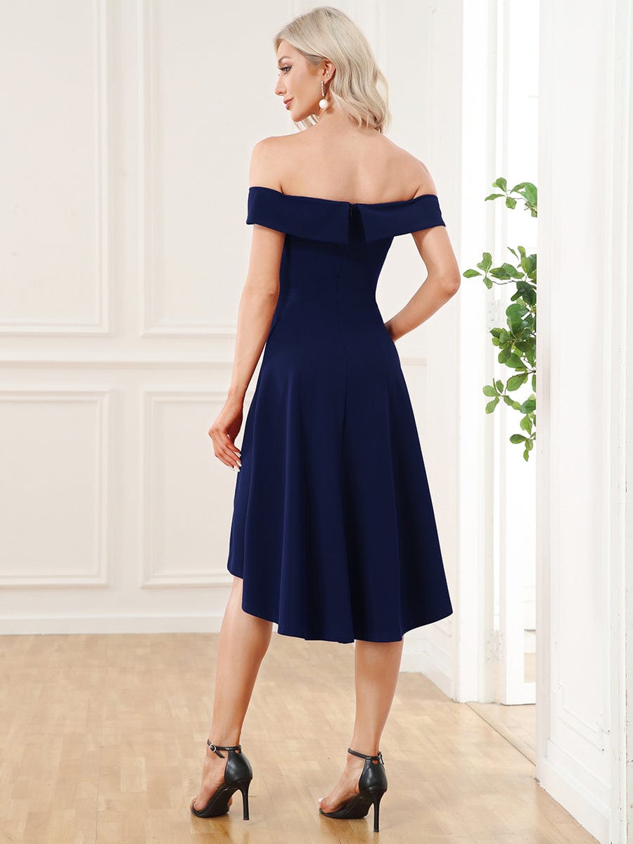 Chic Off Shoulder Midi Length A-Line Formal Dress #color_Navy Blue