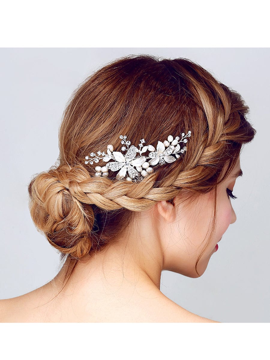 Elegant Handmade Hair Accessories Pearl Rhinestone Hair Comb #color_White