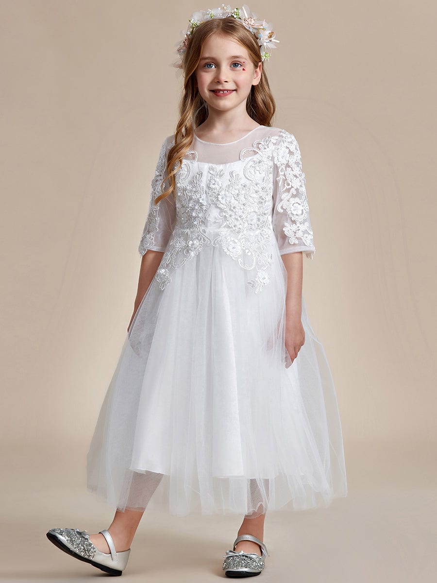 Flower Girl Dress in embroidered lace and tulle with mid-length sleeves #color_White