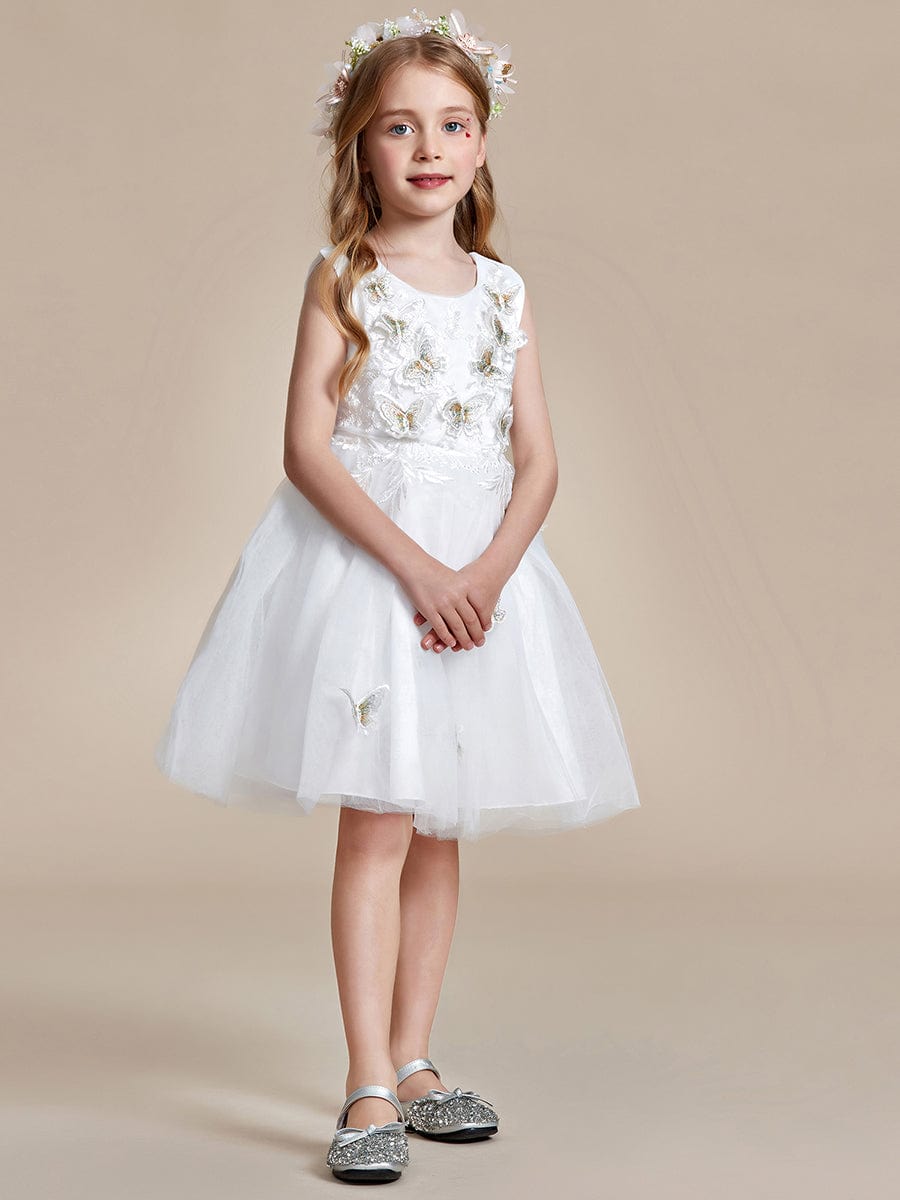 Butterfly Embroidered Sleeveless Tulle Flower Girl Dress #color_White