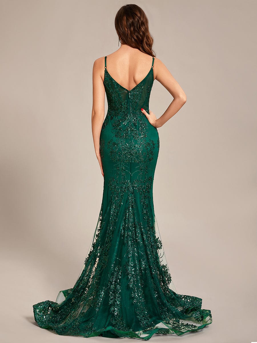 Modern Dark Green Strapless Prom Dresses Sequins Long With Slit