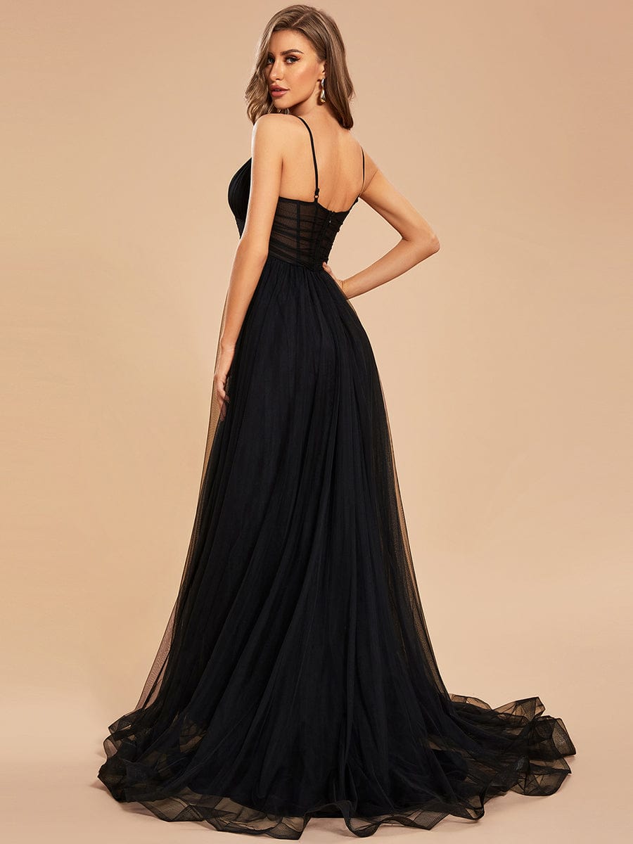 Custom Size Illusion Spaghetti Strap High Slit Tulle Evening Dress with Train #color_Black