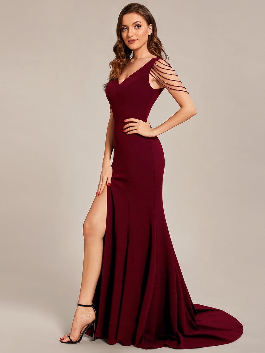 Custom Size V Neck Strectch Crepe High Front Slit Bodycon Prom Dress #color_Burgundy