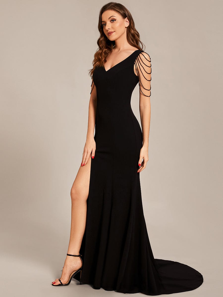 Custom Size V Neck Strectch Crepe High Front Slit Bodycon Prom Dress #color_Black