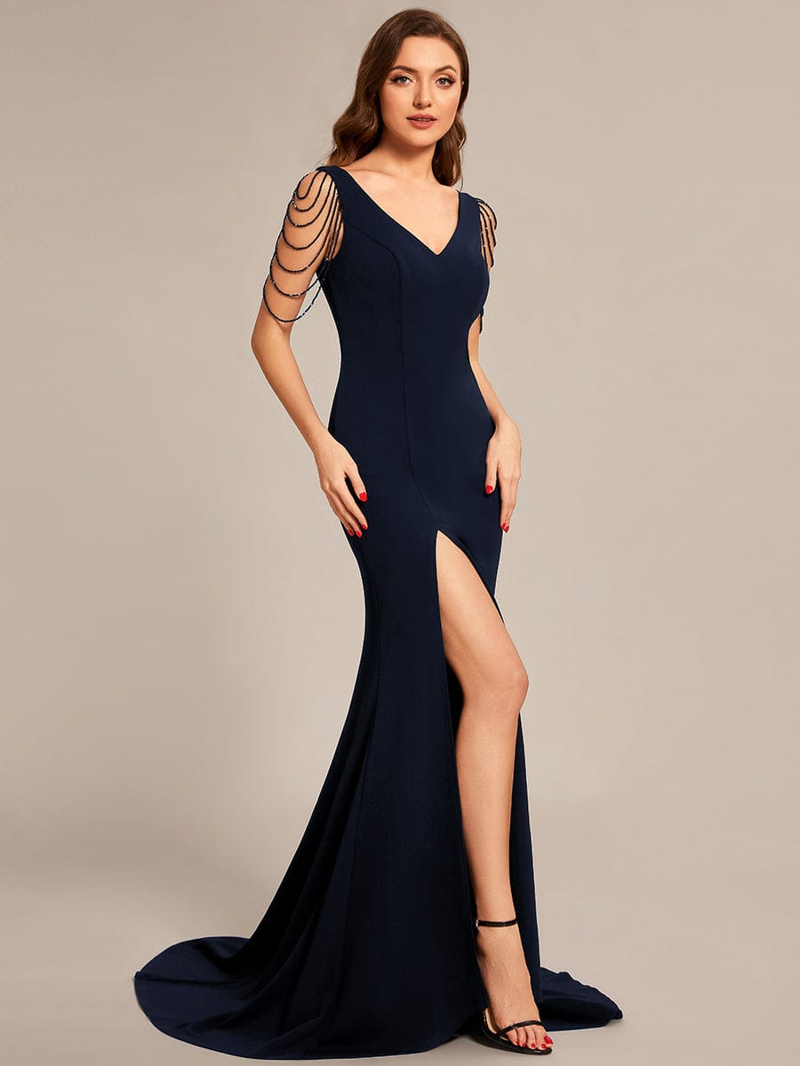 Custom Size V Neck Strectch Crepe High Front Slit Bodycon Prom Dress #color_Navy Blue