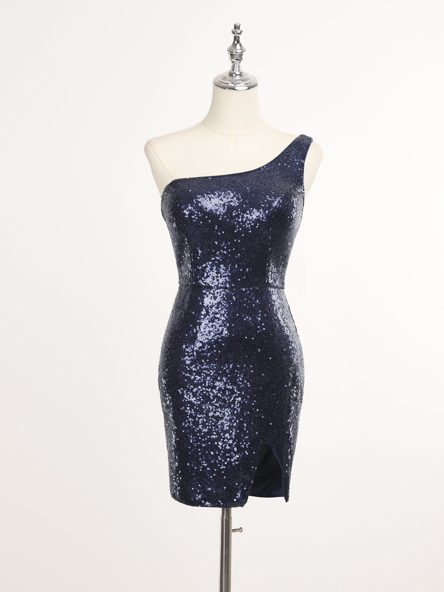 Shiny One Shoulder Sequin Bodycon Sleeveless Homecoming Dress #color_Navy Blue