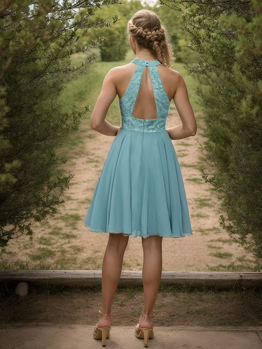 Short Lace Halter Neck Backless Chiffon Homecoming Dress #color_Light Teal