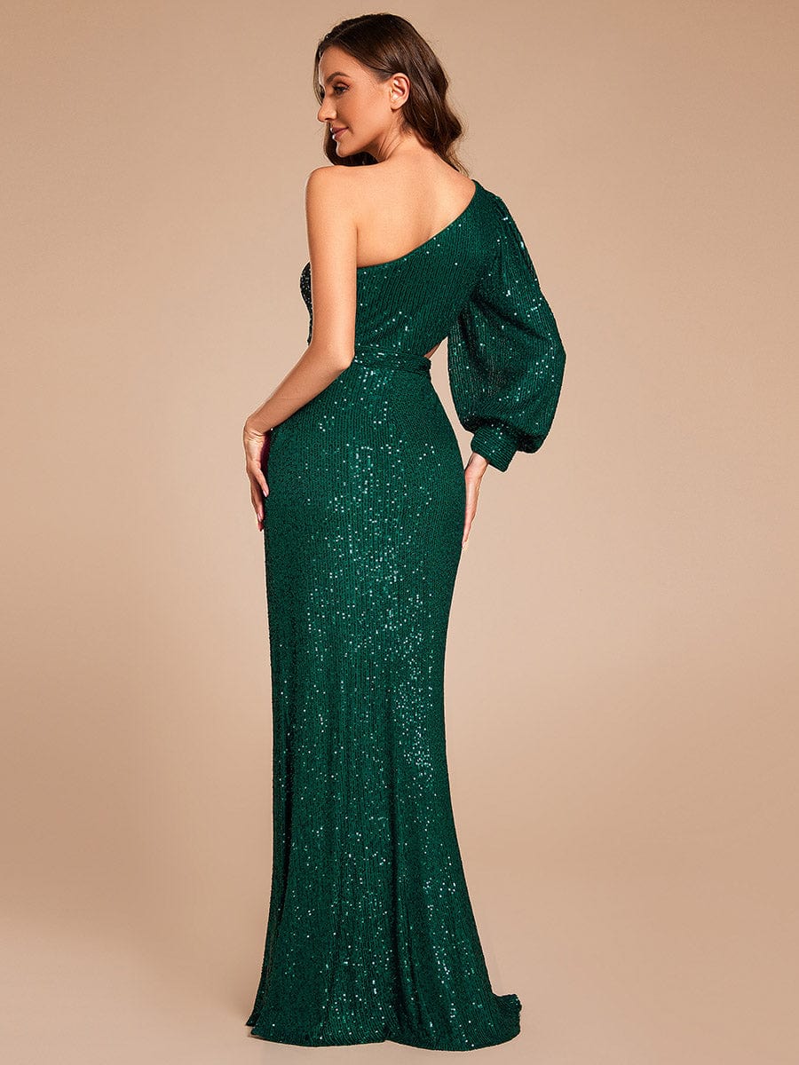 Custom Size One Shoulder Bodycon Slit Sequin Floor Length Formal Evening Dress #color_Dark Green