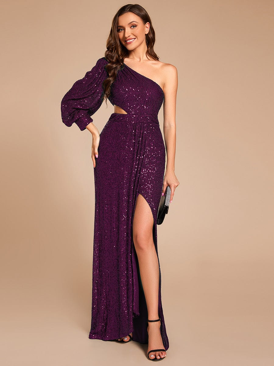 Custom Size One Shoulder Bodycon Slit Sequin Floor Length Formal Evening Dress #color_Dark Purple