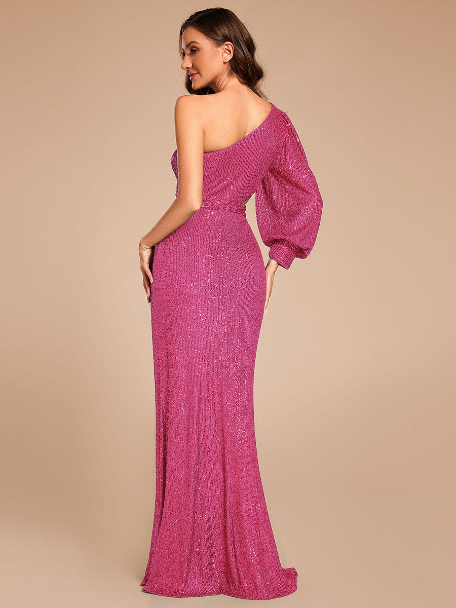 Custom Size One Shoulder Bodycon Slit Sequin Floor Length Formal Evening Dress #color_Hot Pink