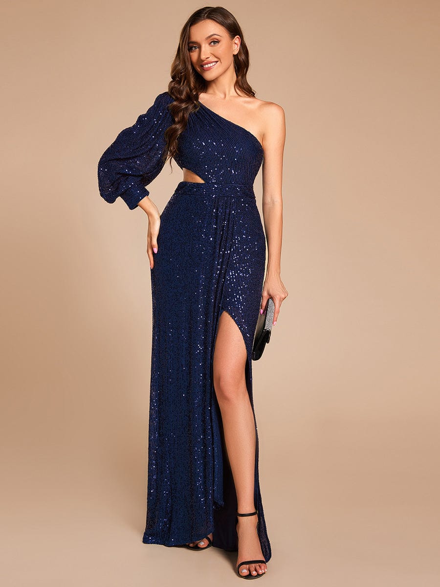 Custom Size One Shoulder Bodycon Slit Sequin Floor Length Formal Evening Dress #color_Navy Blue