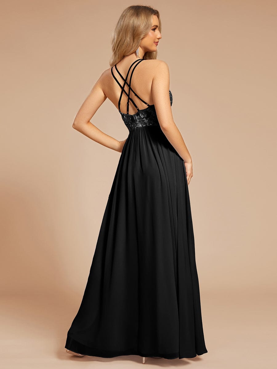 Custom Size A-line appliqued V-neck maxi lace prom dress with adjustable straps #color_Black