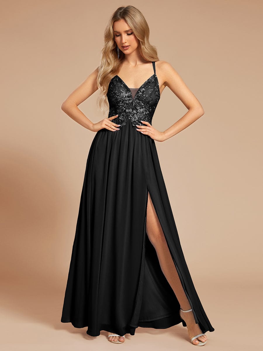 Custom Size A-line appliqued V-neck maxi lace prom dress with adjustable straps #color_Black