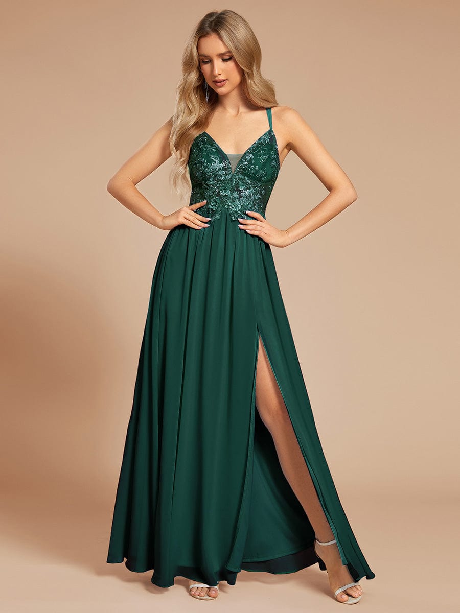 Custom Size A-line appliqued V-neck maxi lace prom dress with adjustable straps #color_Dark Green