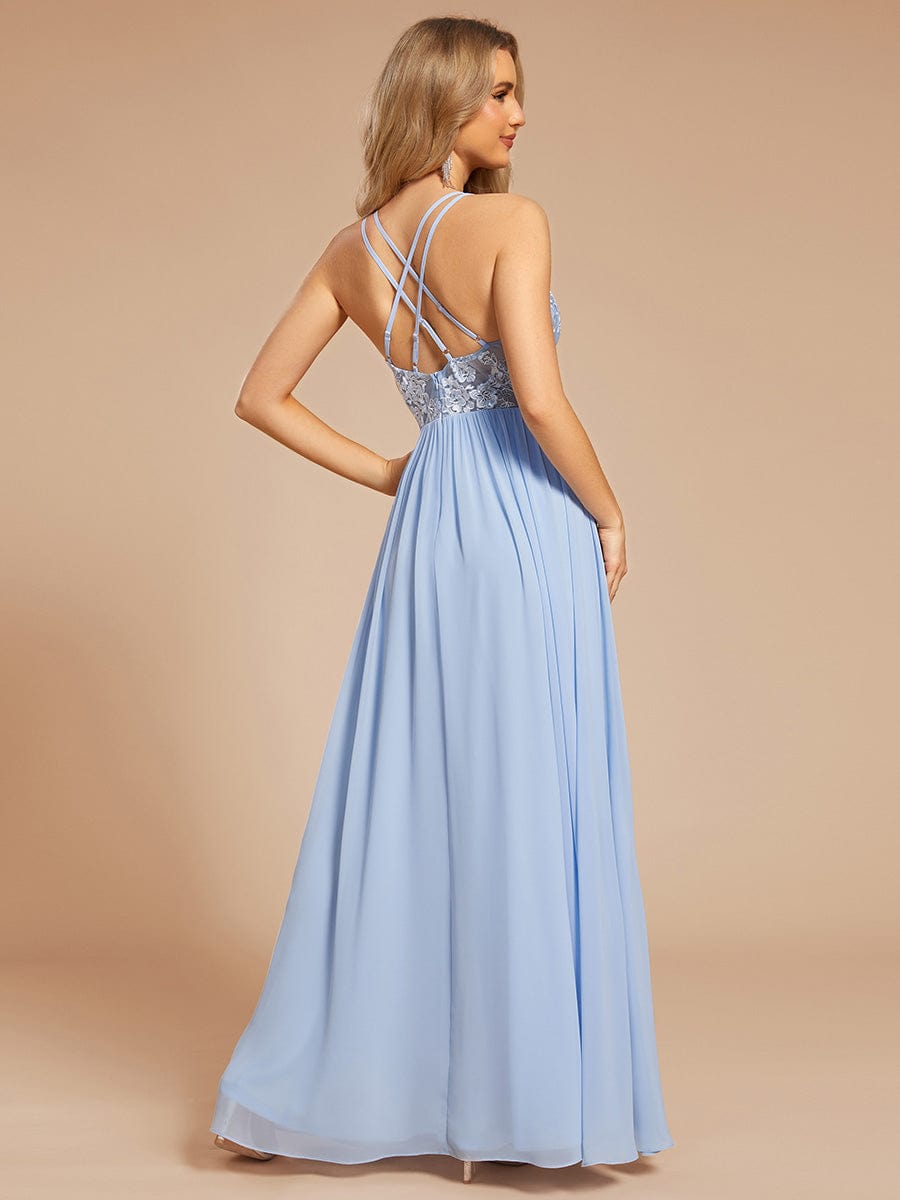 Custom Size A-line appliqued V-neck maxi lace prom dress with adjustable straps #color_Ice Blue